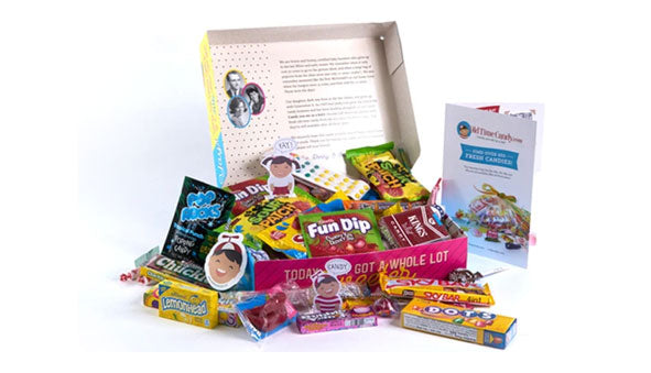 Decade gift box opened showing candy