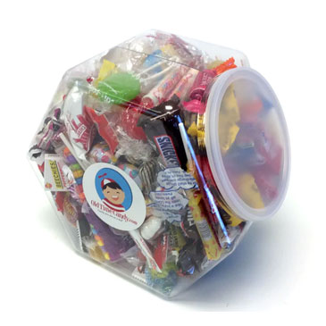 A plastic tub full of candy
