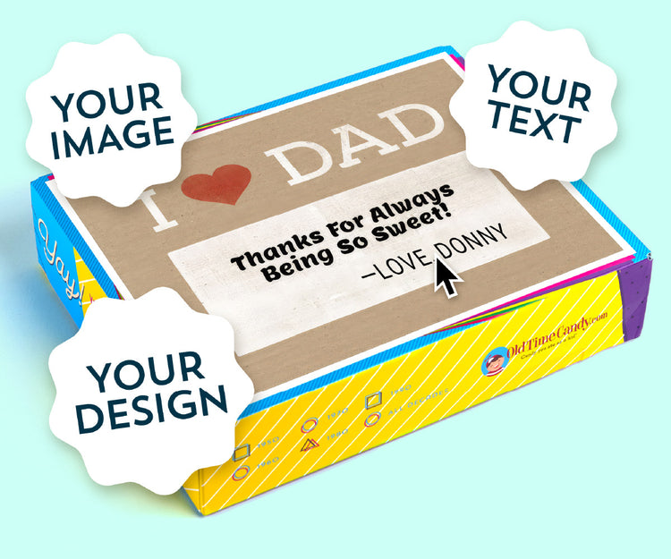 An Image Showing a customized box with callouts 'Your Image,' 'Your Design,' and 'Your Text.'
