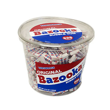 A plastic tub of Bazooka Bubble Gum