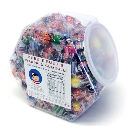Individually-wrapped Dubble Bubble Wrapped Gumballs packaged in a plastic tub