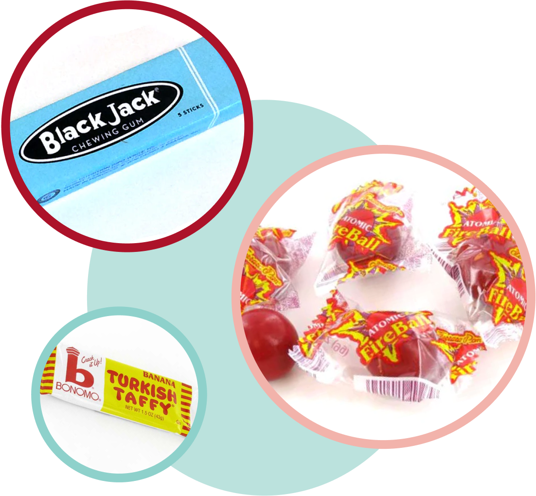 A preview of what is included in the decade candy gift box: Black Jack gum, Turkish Taffy, Atomic Fireballs