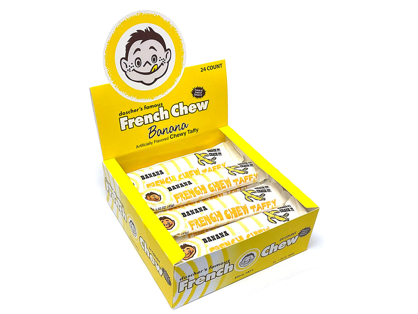 French Chew Taffy - 1.62 oz bar - banana -  open box of 24
