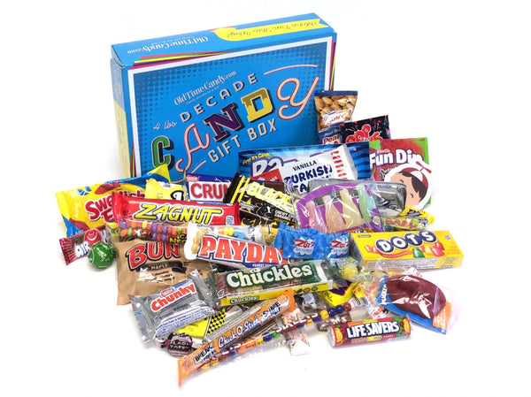 A Decade Candy Gift Box shown with all candy displayed in front of the box