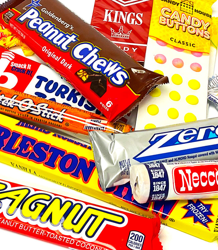 An image featuring retro candy like Goldenberg's Peanut Chews, Charleston Chew, Zero Bars, Necco Wafers, and Zagnut.