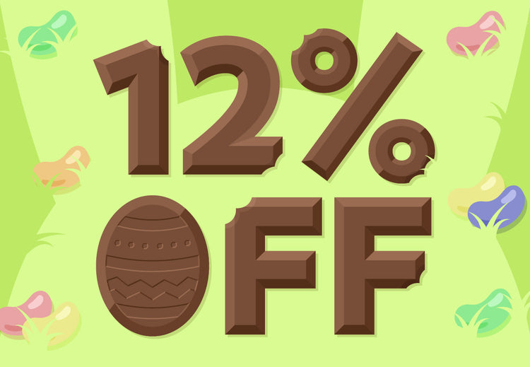 Easter Promo Background with jelly beans hiding and a 12% off shaped chocolate bar with nibbles out of the corner.