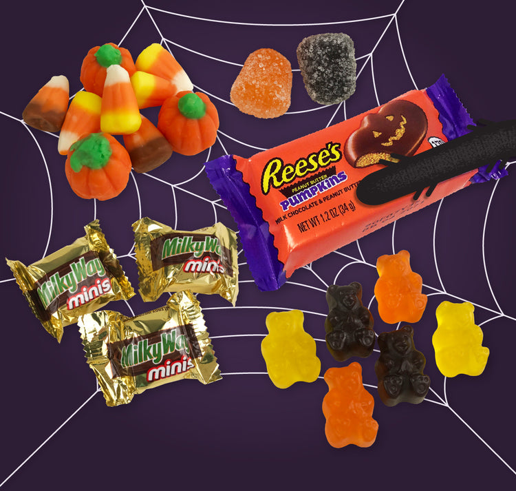 Halloween Candy is Here Promo Graphic. A spiderweb that has caught fun halloween candy.