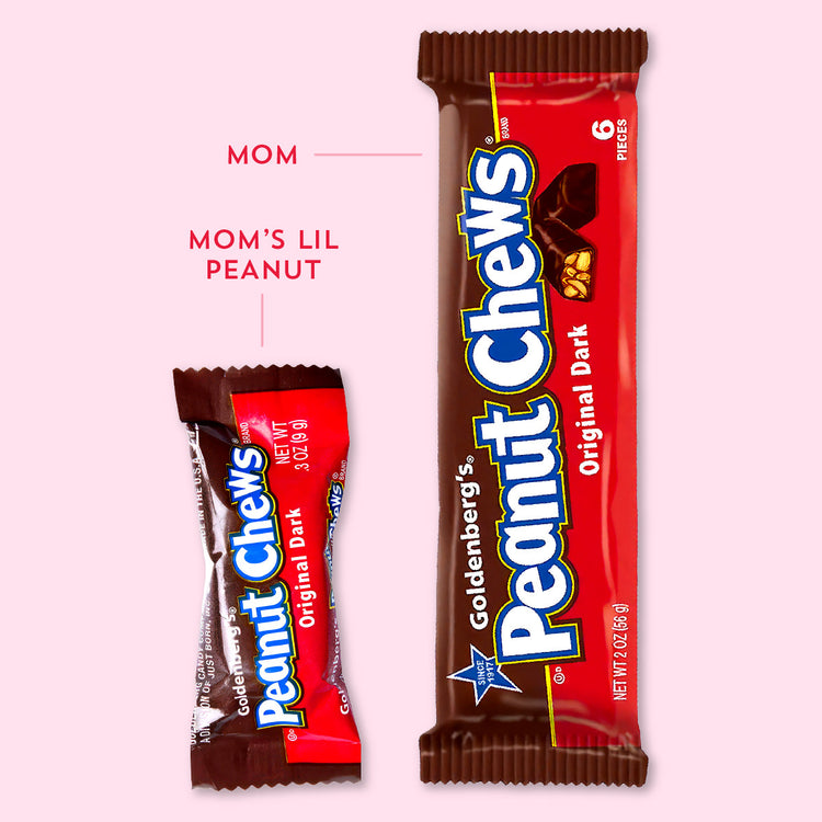A Mother's Day Promo graphic showing a full-sized Goldenberg Peanut Chew next to a fun-sized Peanut Chew.