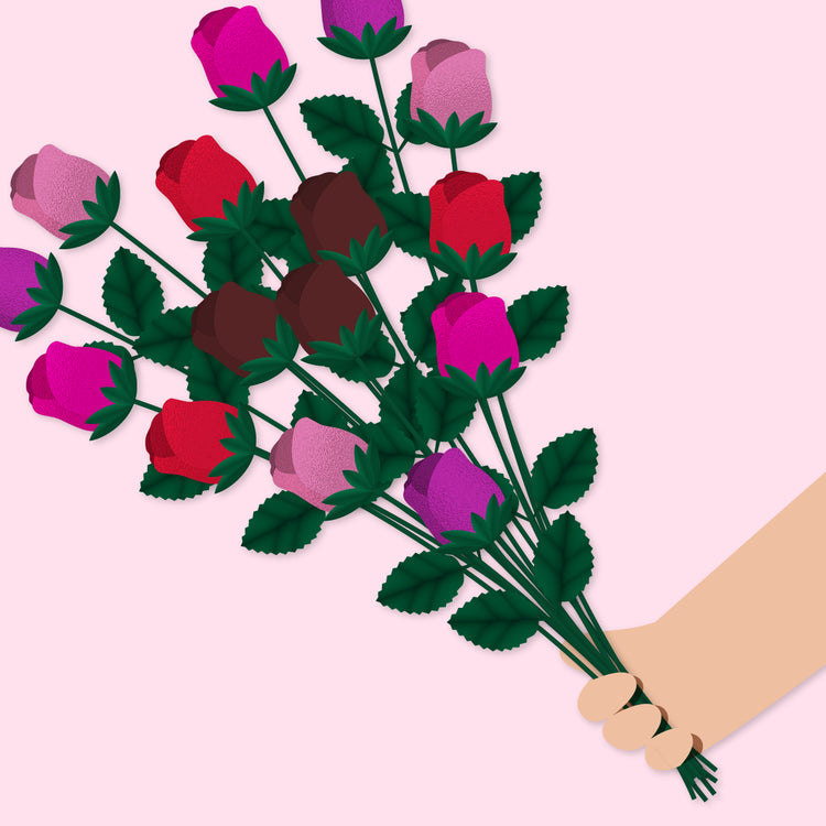 A pink background with a bouquet of chocolate roses.