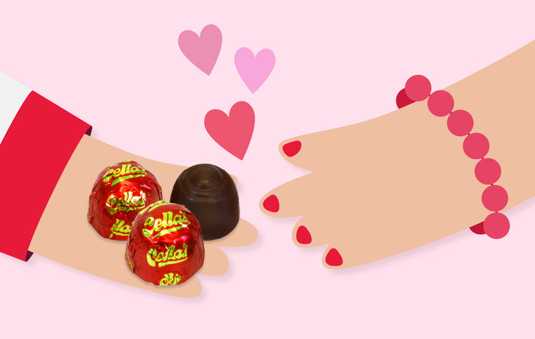 A child handing their mother some Cella's Chocolate Covered Cherries.