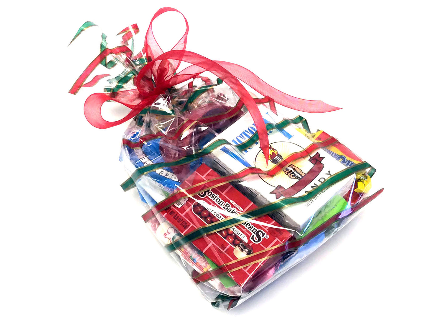 Party Favor Bag with candy - Red Green & Gold Stripes