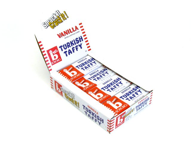 Bonomo's Turkish Taffy - 1.5 oz vanilla bar - box of 24 - open